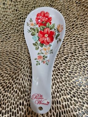 The Pioneer Woman White Melamine Spoon Rest with Red Floral Motif